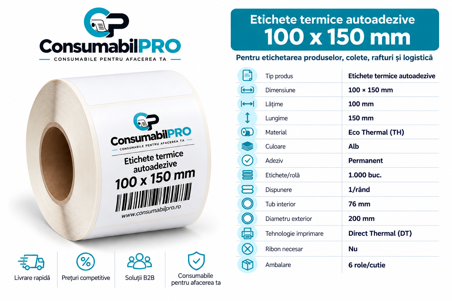 Etichete termice autoadezive AWB 100x150 mm 1000 etichete rolă tub 76 mm pentru imprimante Zebra TSC Honeywell