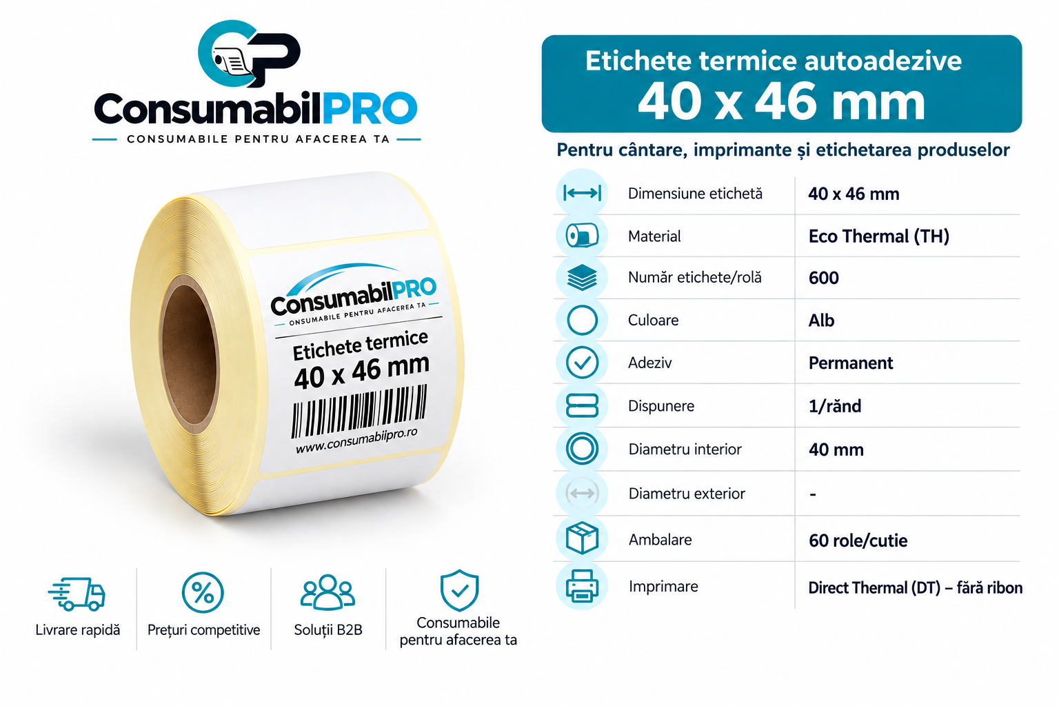 Etichete termice autoadezive 40x46 mm 600 buc rolă pentru cântare comerciale Bizerba Dibal Digi Rongta CAS