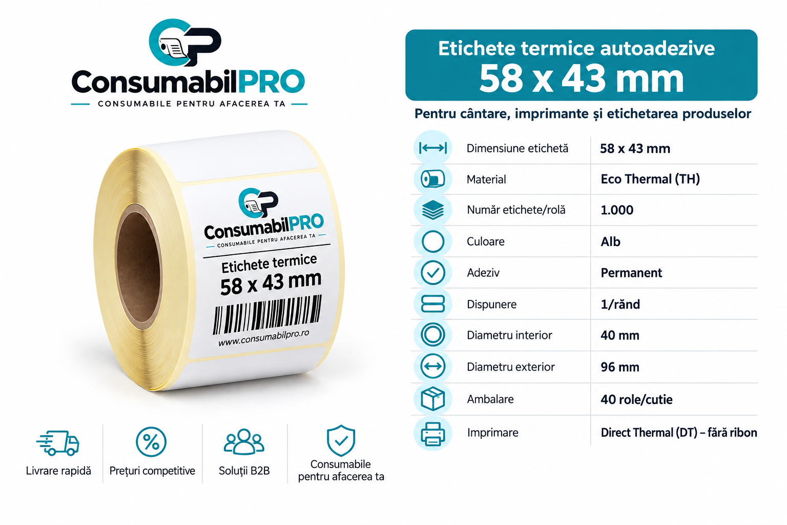 Etichete termice autoadezive 58x43 mm 1000 buc rolă tub 40 mm pentru cântare Bizerba Dibal Elicom