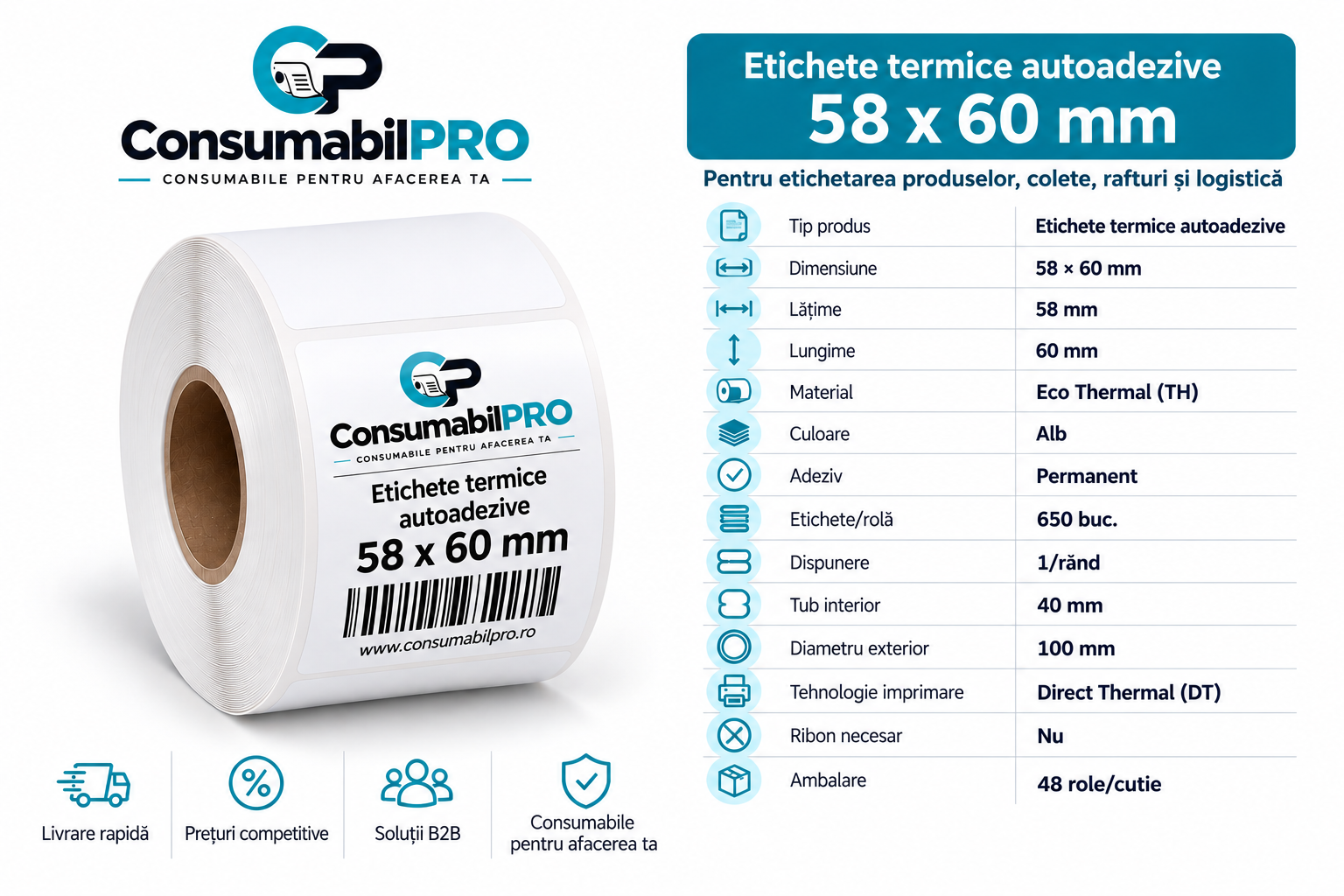 Etichete termice autoadezive 58x60 mm 650 etichete rolă tub 40 mm pentru cântare Bizerba și etichetare alimentară