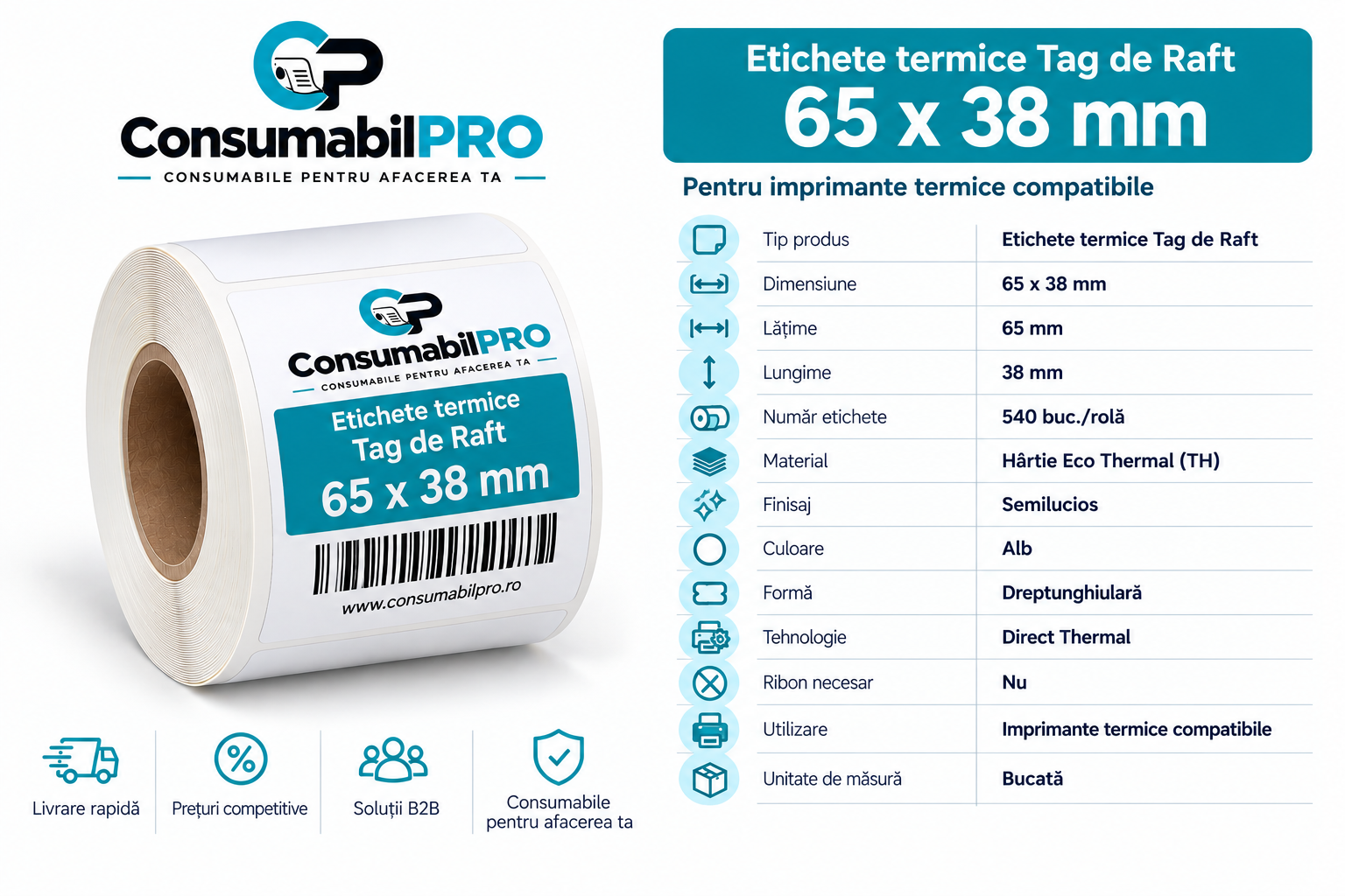 Etichete termice Tag de Raft 65x38 mm 540 etichete rolă finisaj semilucios pentru magazine și supermarketuri