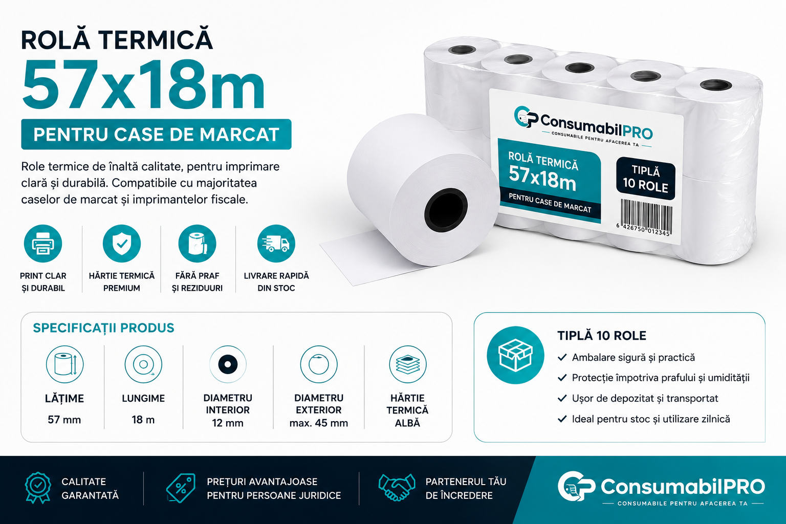 Rolă termică 57 mm x 18 m ConsumabilPRO pentru case de marcat și imprimante fiscale