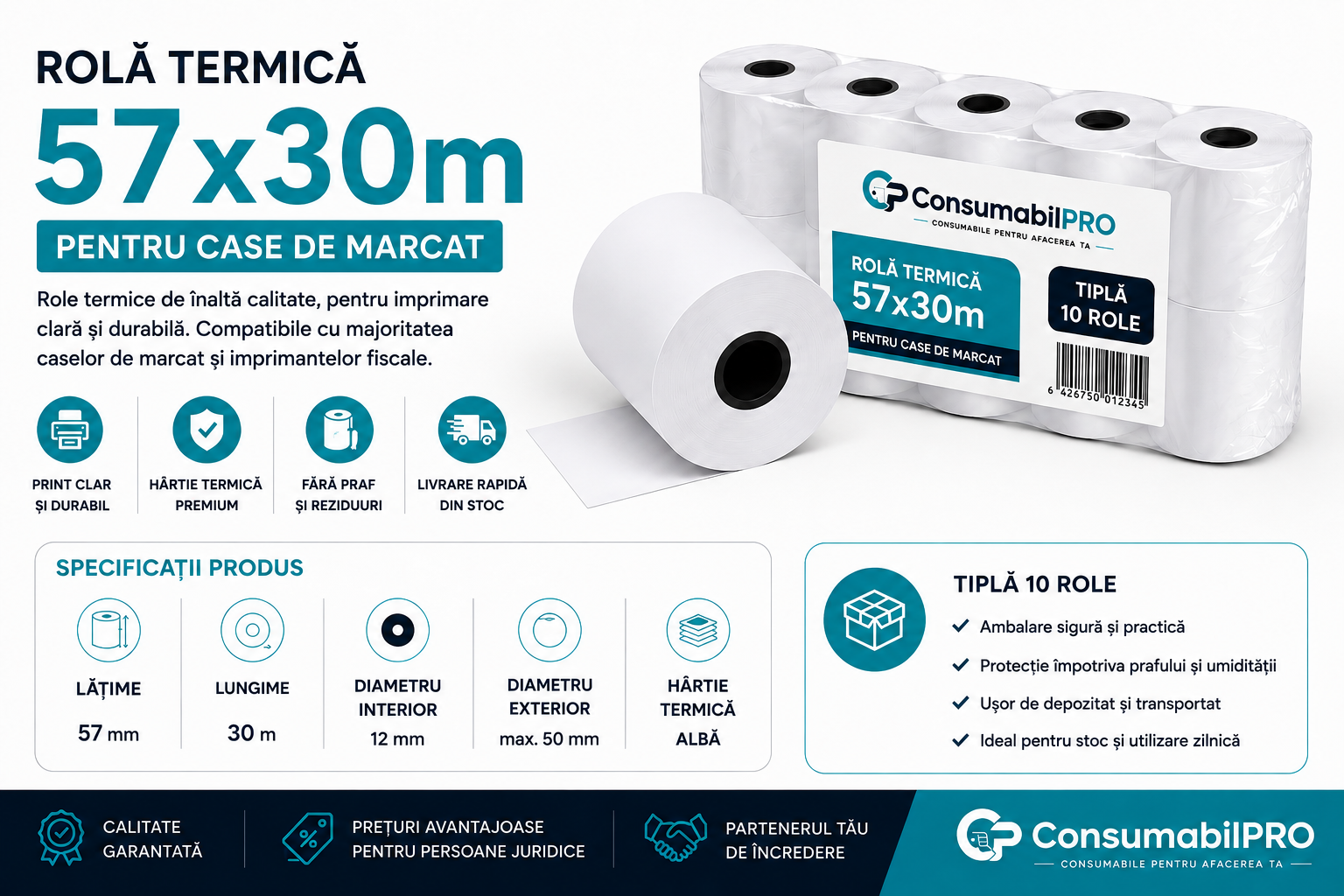 Rolă termică 57 x 30 m tub 12 mm BPA Free compatibilă Datecs Tremol Custom
