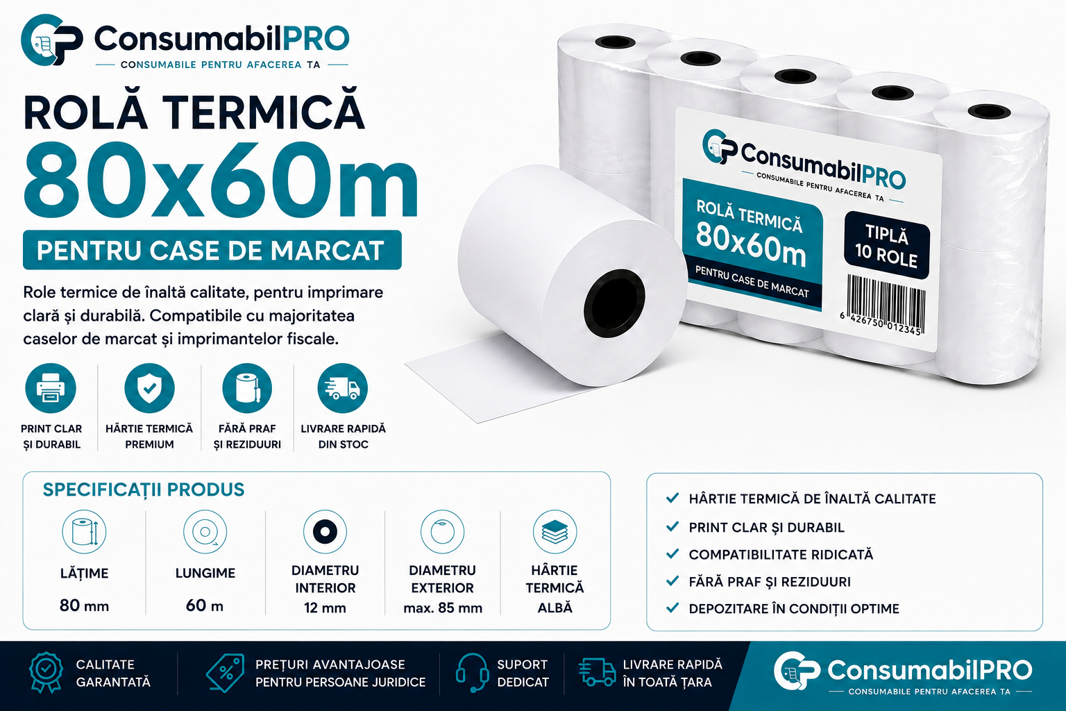 Rolă termică 80 x 60 m BPA Free pentru imprimante POS restaurante și supermarketuri